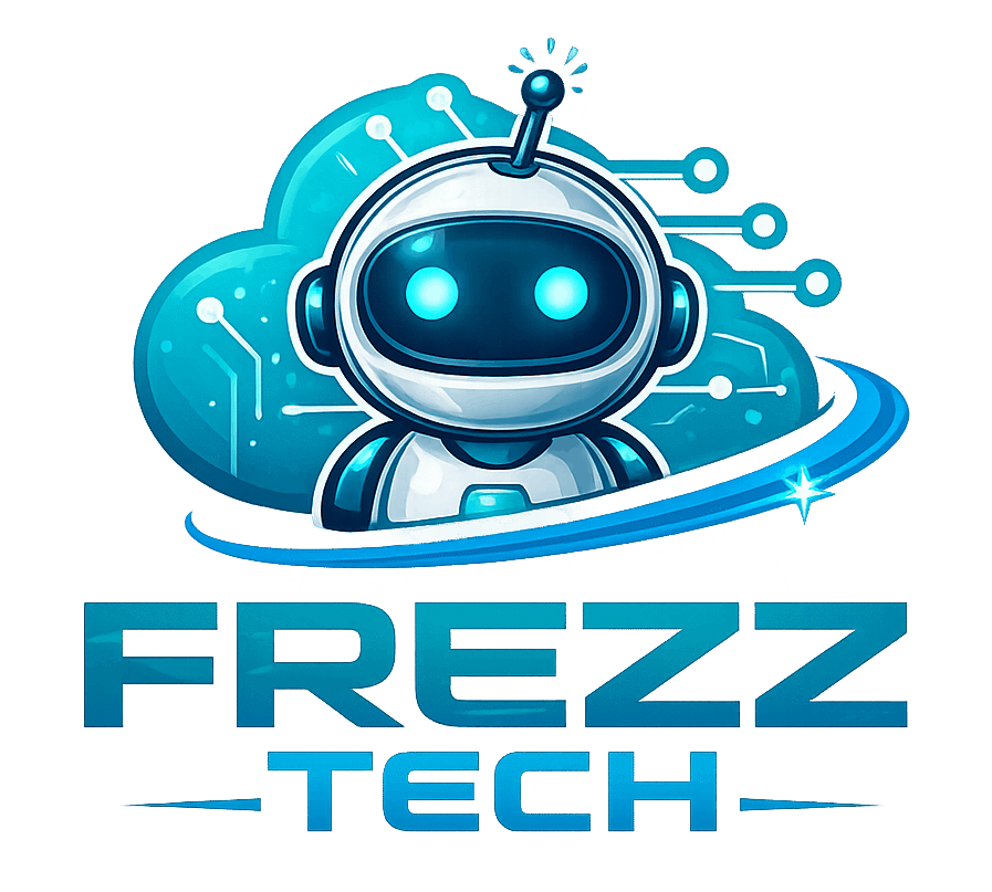 Frezz Tech logo with a futuristic AI robot and cloud circuitry, representing artificial intelligence, Microsoft Copilot, Azure AI, and cloud innovation.