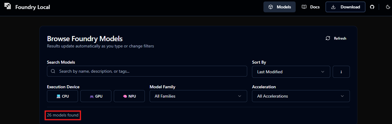 Microsoft Foundry Local interface showing Browse Foundry Models page with CPU, GPU, and NPU filters and 26 models found.