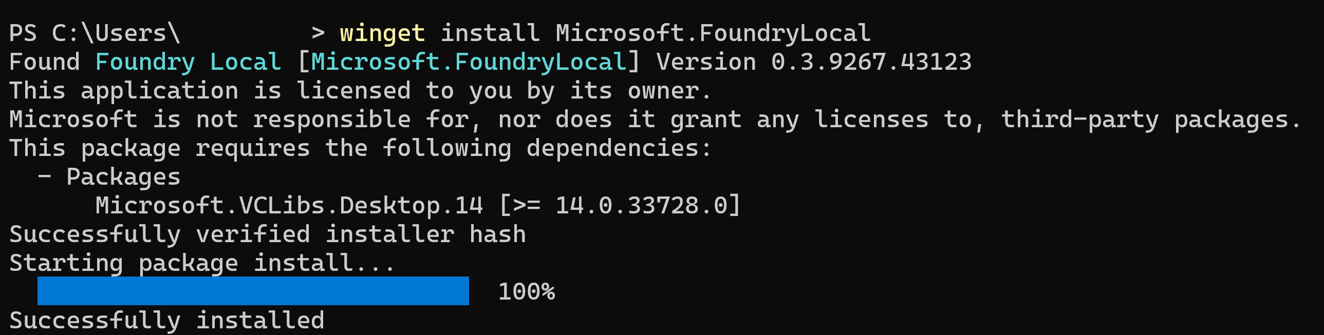 Windows PowerShell showing winget install Microsoft.FoundryLocal command with successful installation confirmation at 100 percent.