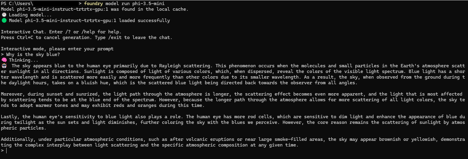 Windows PowerShell showing Microsoft Foundry Local running phi-3.5-mini from local cache with interactive chat response explaining why the sky is blue.