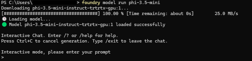 Windows PowerShell showing Microsoft Foundry Local running “foundry model run phi-3.5-mini” with successful model load and interactive chat prompt.