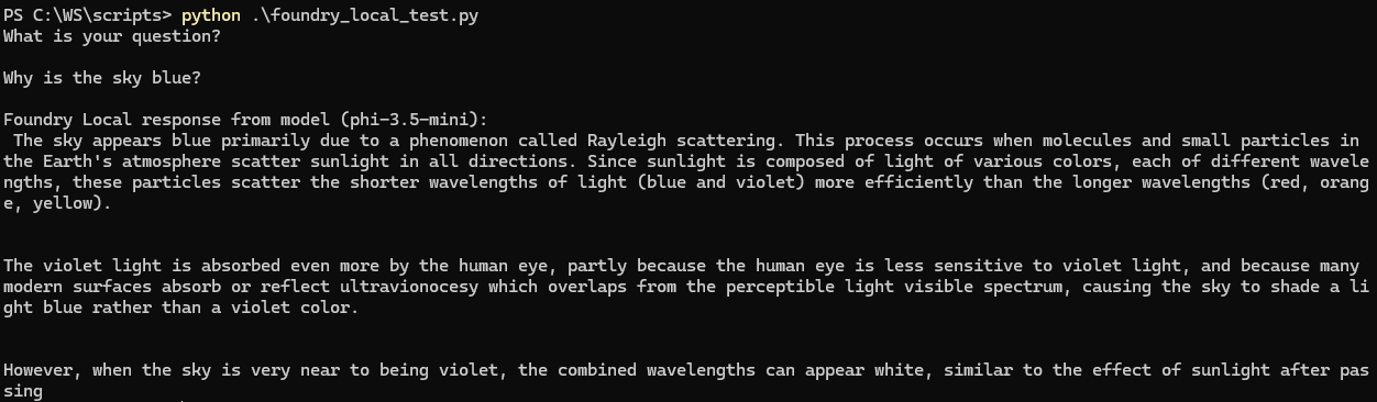 Windows command prompt running a Python script that queries Microsoft Foundry Local and displays a phi 3.5 mini model response about why the sky is blue.