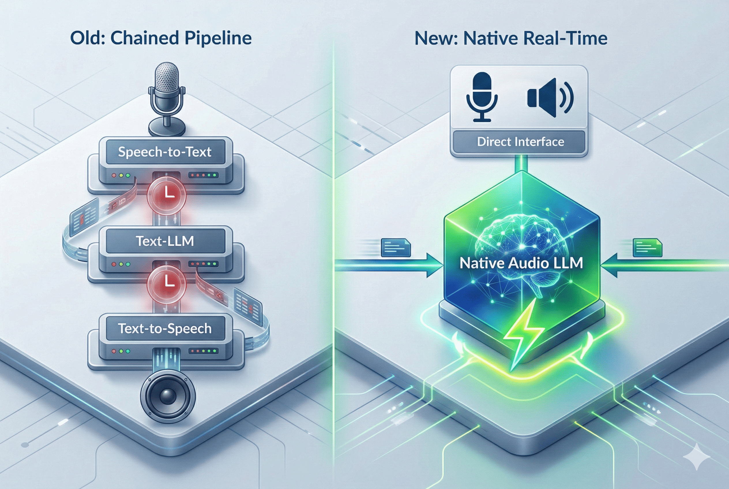A technical diagram contrasting a cascading AI pipeline with a unified, native real-time audio large language model. On the left, 'Old: Chained Pipeline' shows sequential steps with microphone input processing through distinct 'Speech-to-Text,' 'Text-LLM,' and 'Text-to-Speech' stages, with explicit red clock delays between them, leading to a speaker output. On the right, 'New: Native Real-Time' depicts a 'Native Audio LLM' with high-speed horizontal data flow arrows and a lightning bolt icon, directly connected to microphone and speaker, demonstrating an end-to-end, low-latency approach.