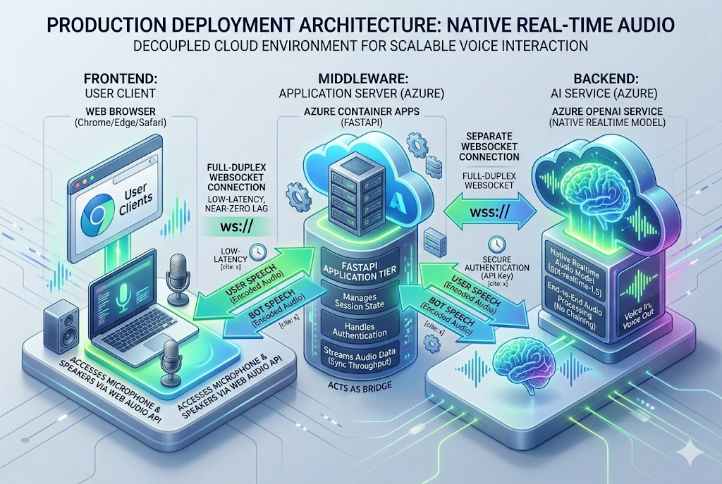 Alt Text: A modern 3D architectural cloud diagram illustrating a decoupled environment for native real time audio processing. It shows a user web browser frontend connected via a full duplex WebSocket to a FastAPI middleware hosted on Azure Container Apps. The middleware bridges the connection to a backend Azure OpenAI service running the gpt realtime model via a separate secure WebSocket.