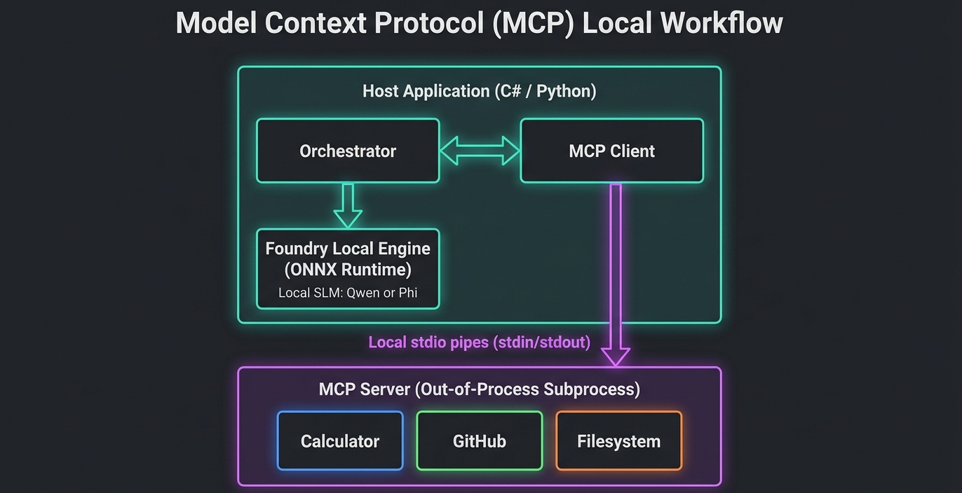 Technical architecture diagram showing the Model Context Protocol (MCP) communication flow between a Host Application, an in-process Foundry Local Engine and an out-of-process MCP Server running over stdio pipes (stdin and stdout)