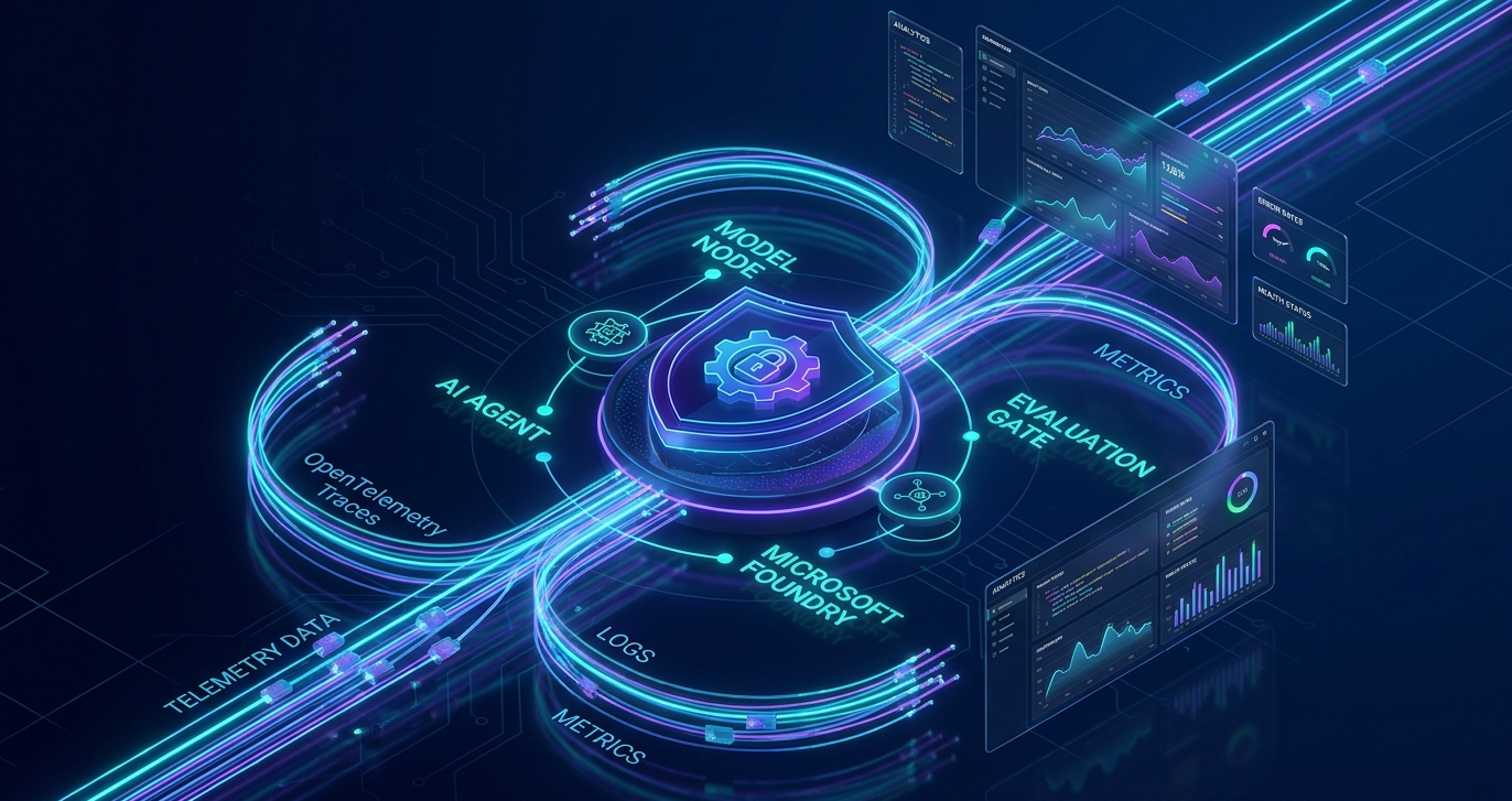 Technical architecture diagram illustrating end-to-end GenAIOps pipeline, inner loop local evaluation, OIDC GitHub Actions CI/CD quality gates, and outer loop Microsoft Foundry OpenTelemetry tracing in Azure Application Insights