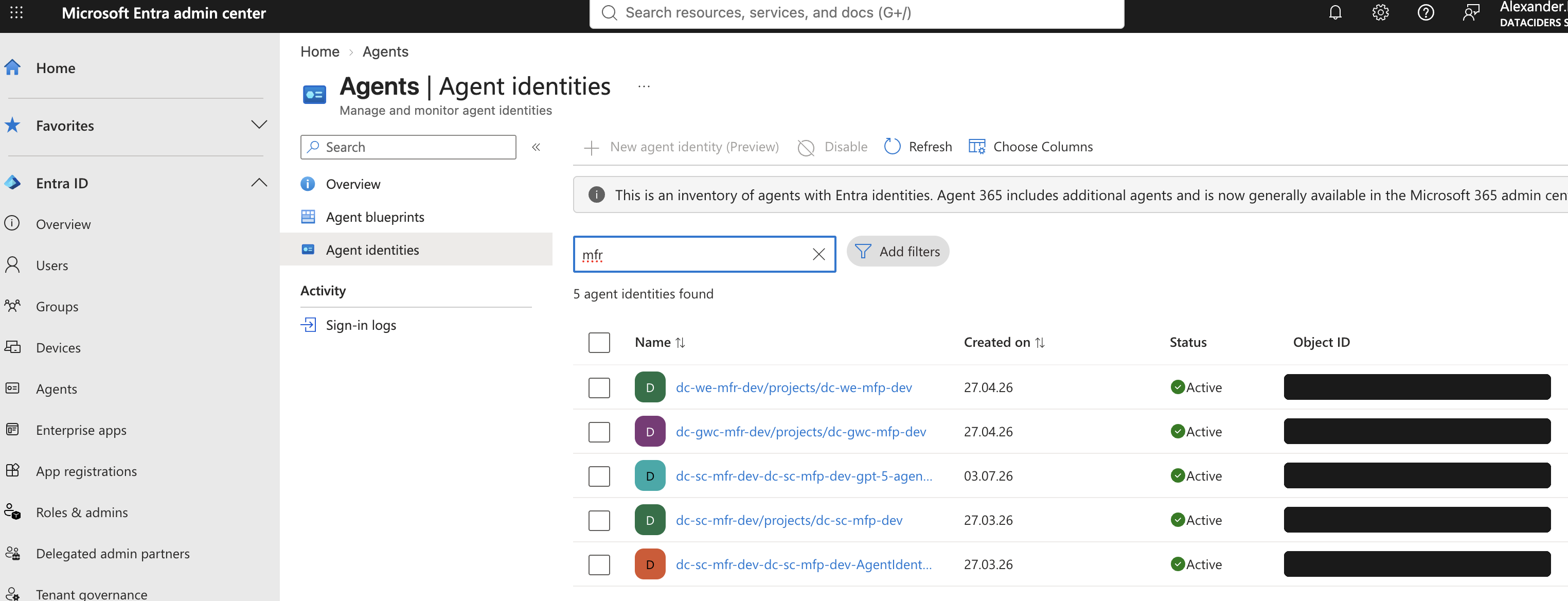 Microsoft Entra admin center page Agent identities with five Foundry related agent identities filtered by name, Object IDs redacted